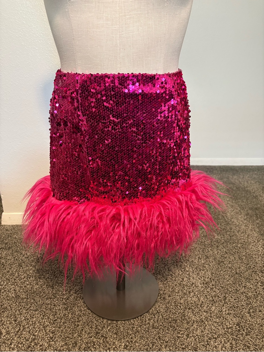 Fuchsia Sequin Mini Skirt with Feather Hem